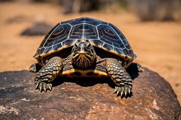 Fototapeta premium Turtle Sunbathing on a Rock in Natural Wildlife Habitat