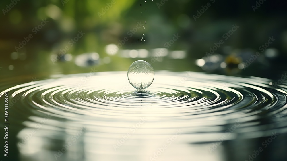 Poster slow motion water droplet creating mesmerizing ripples on smooth surface