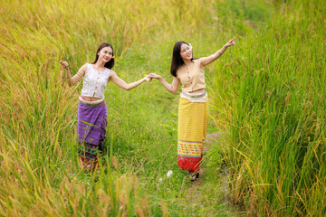 two young asian woman wearing traditional dress walking at the yellow terraced rice fields.