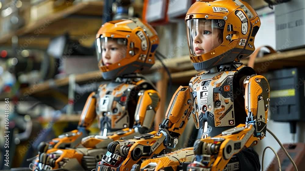 Poster in a high-tech workshop illuminated by natural light, two robotic figures that mimic children sit si