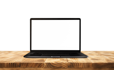 Modern black computer,laptop with blank screen background on wood table top or countertop
