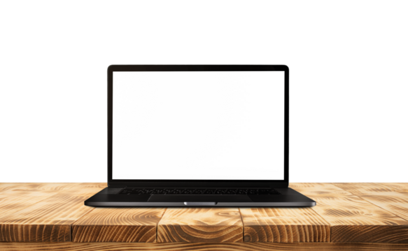 Modern black computer,laptop with blank screen background on wood table top or countertop - Powered by Adobe