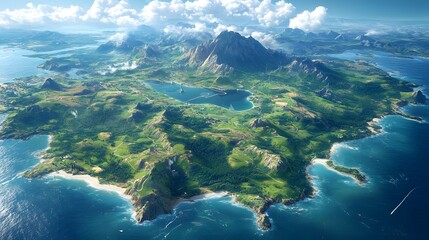 Aerial view of a vibrant tropical island with lush vegetation and azure waters.