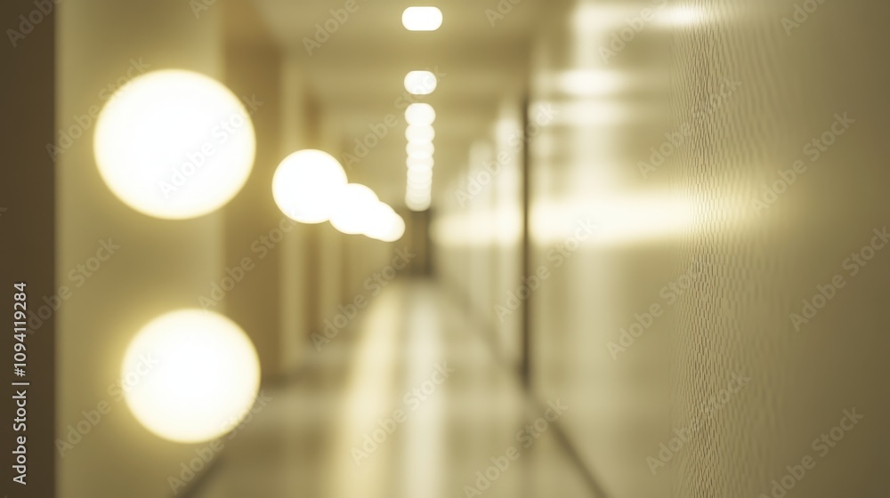 Poster a blurred view of a hallway with round light fixtures creating a soft ambiance.