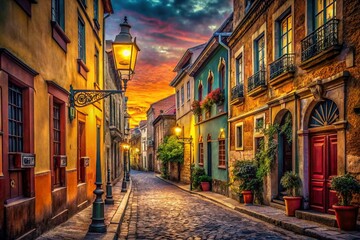 Fototapeta premium Vintage Style Photography of Historic Buildings in a Bustling City, Showcasing Architectural Beauty and Urban Life Through Timeless Imagery