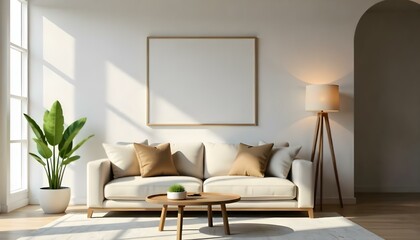 A modern living room with a beige sofa, wooden coffee table, and potted plant on a side table. The room has white walls and natural lighting coming in from a window