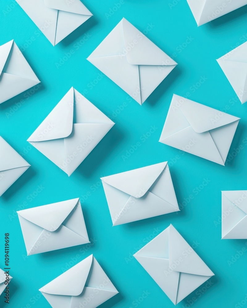 Poster a collection of light blue envelopes scattered on a vibrant turquoise background, creating a visuall