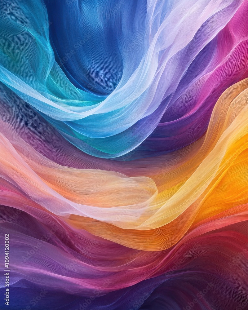 Poster a vibrant, flowing fabric design with a blend of colors, creating a sense of movement and depth.