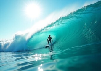 Surfer rides a massive wave at a sunny beach during early morning hours in coastal paradise