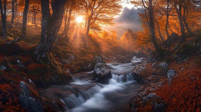 A serene autumn landscape featuring a flowing stream and vibrant orange foliage.