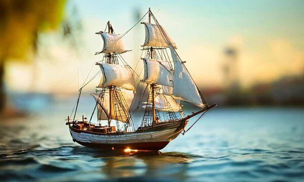 Miniature Wooden Sailing Ship by the Water with Blurred Background at Sunset : Generative AI