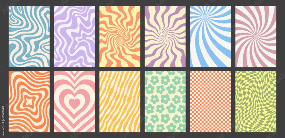 Wall mural set of groovy hippie 90s background with distorted wave, twirl pattern, spiral or psychedelic checke