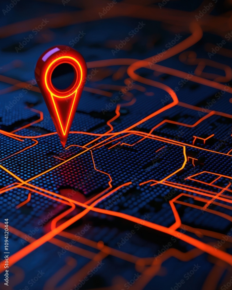 Poster a digital map with vibrant orange lines and a glowing pin, symbolizing location tracking and navigat