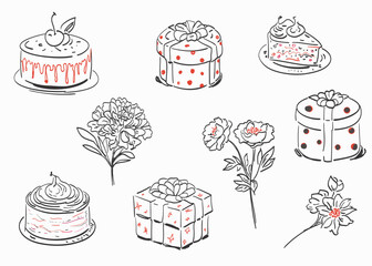 Set of elements for congratulations. Cakes, boxes, flowers. Vector. Circuit