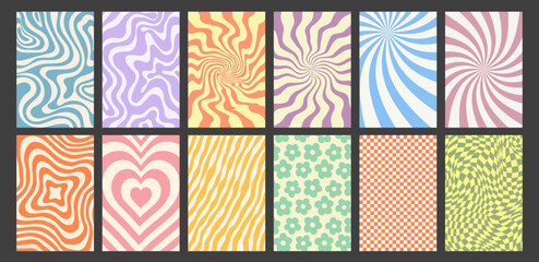 Set of groovy hippie 90s background with distorted wave, twirl pattern, spiral or psychedelic checkerboard frame and retro sunburst texture in y2k brutalist cartoon style. Groovy y2k boho banner art.