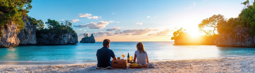 Couple enjoying a romantic sunset picnic on a serene beach by the ocean.