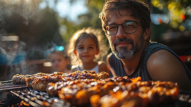 A joyful family bonding over takeaway fried chicken in their sunny backyard during a relaxed weekend gathering