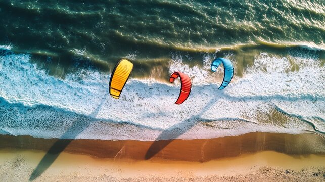 Aerial view of three colorful kitesurfing kites soaring over waves at the beach.