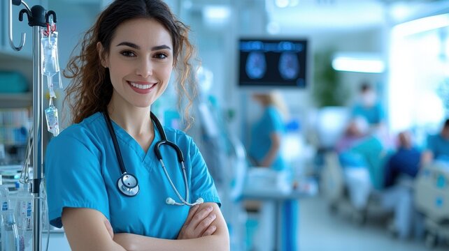 Smiling healthcare professional in scrubs, showcasing dedication to patient care.