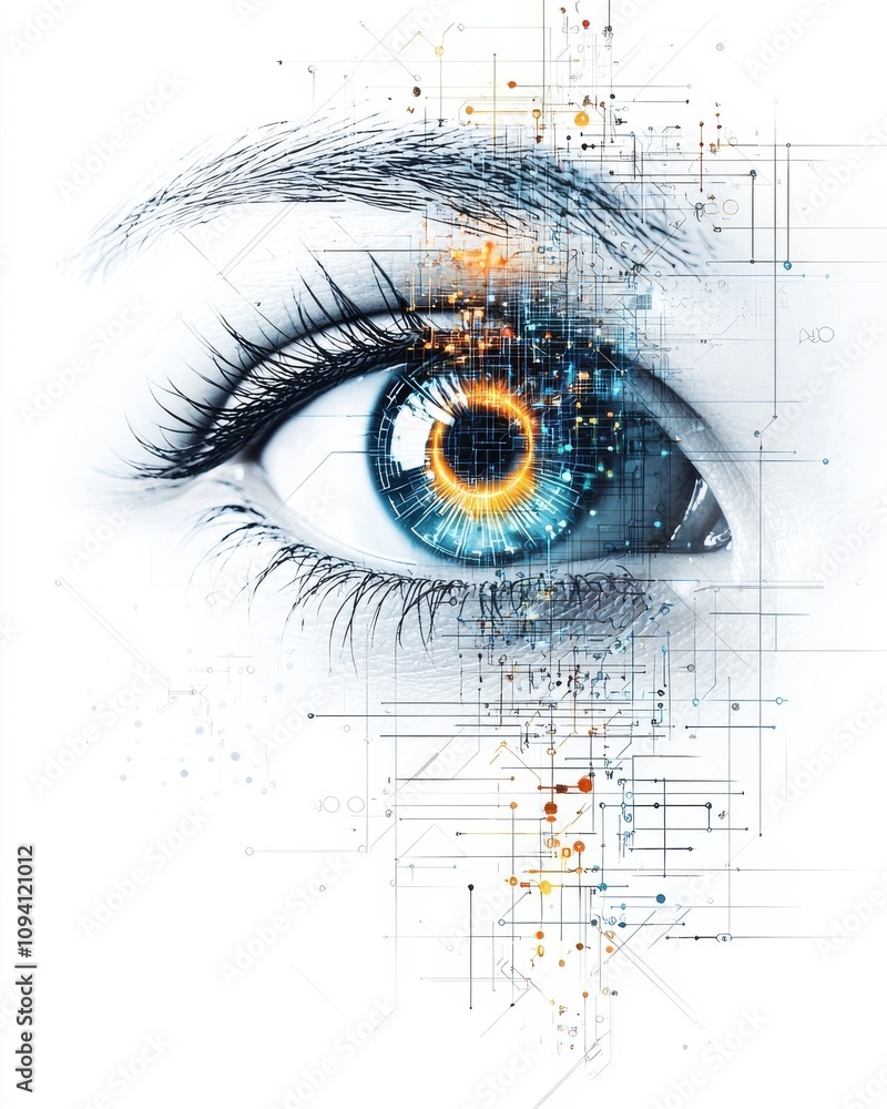 Poster a futuristic eye design featuring a vibrant blue iris with digital patterns and abstract elements, s