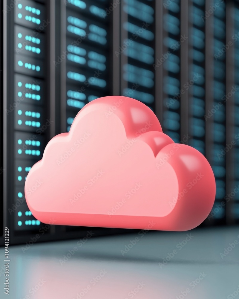 Poster a vibrant pink cloud symbol floats in front of a server rack, representing cloud computing and digit