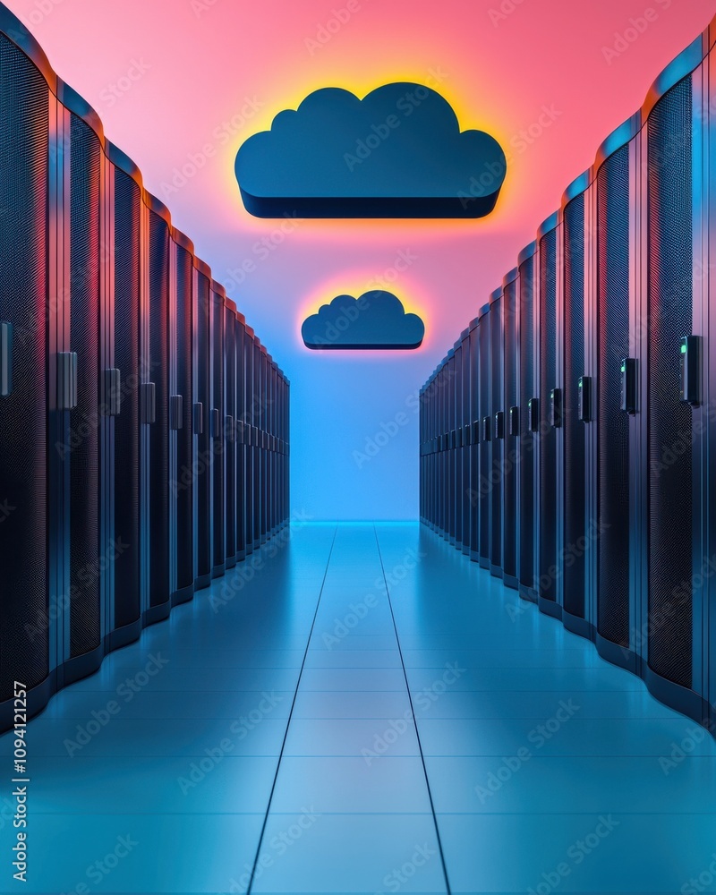 Poster a futuristic data center with rows of servers under stylized cloud graphics, illuminated by vibrant 
