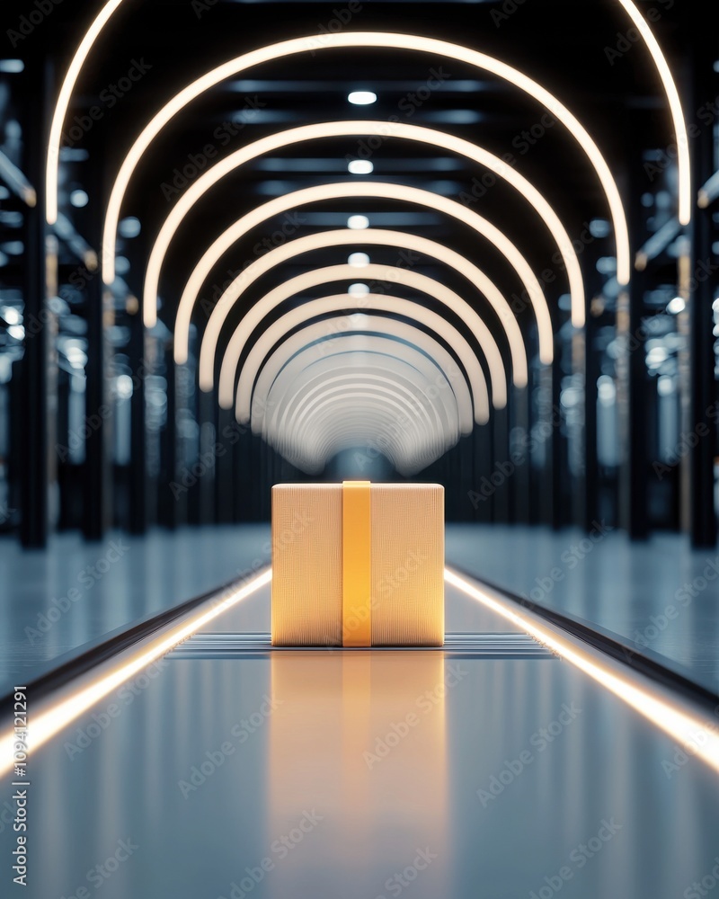 Poster a minimalistic view of a wooden block illuminated by ambient light, set in a modern, symmetrical arc