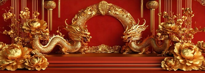 Obraz premium A grand Chinese New Year stage featuring a polished podium with golden dragon and phoenix motifs, framed by golden peonies and a red silk backdrop, leaving room for product placement.