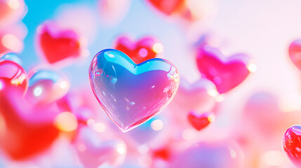 Background with 3D hearts on a blurred pastel background. Card for Valentine's Day, wedding. Banner