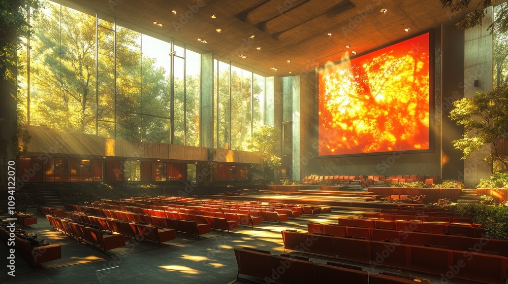 Poster auditorium with large screen displaying a sunset scene