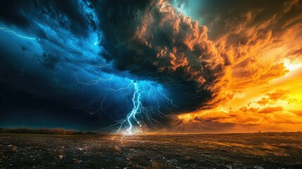 Fototapeta premium Dramatic stormy sunset with lightning strike over field.