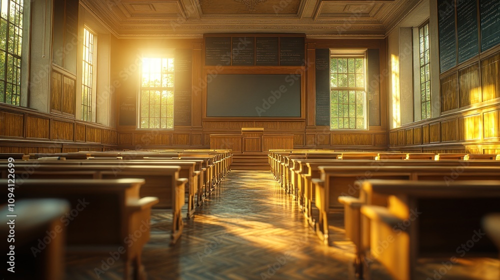 Poster empty classroom with sunlight streaming through windows