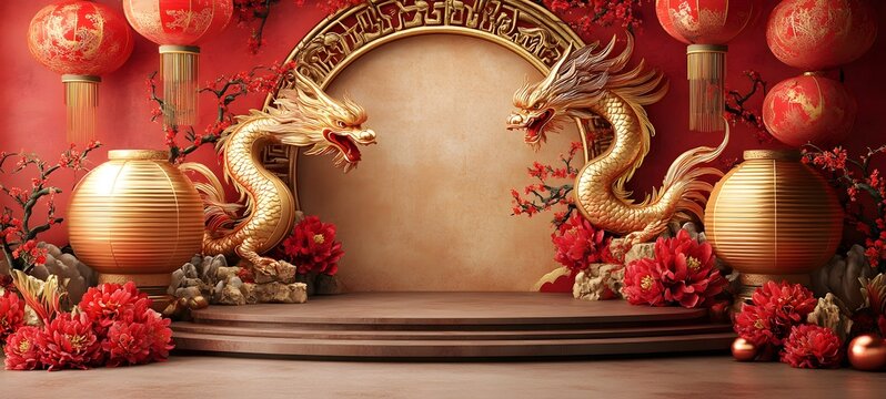 A grand Chinese New Year podium with intricate golden dragon and phoenix motifs, framed by vibrant red lanterns and a floral backdrop, leaving plenty of empty space for showcasing a product.