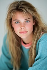 Fototapeta premium 1980s and 1990s style Yearbook headshot of a pretty high school teenage girl looking at the camera