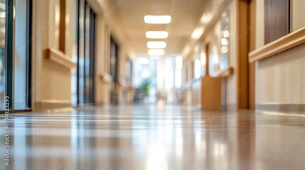 Poster a blurred view of a corridor in a modern building, emphasizing cleanliness and light.