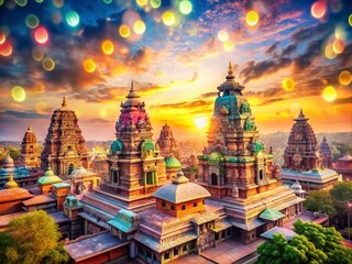Watercolor Panorama of Iconic Temples for Tamil Nadu Day Celebration with Bokeh Effect, Showcasing Vibrant Colors and Cultural Richness in a Festive Atmosphere