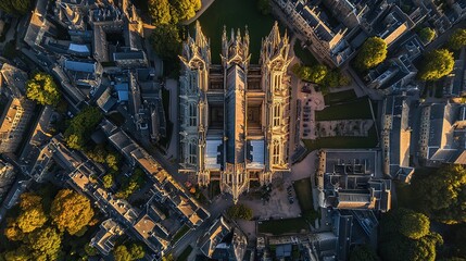 Aerial view of a cathedral in a city.