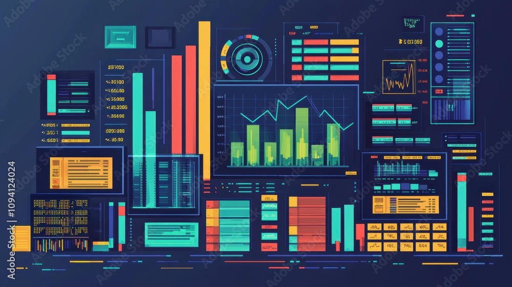 Poster a vibrant digital dashboard displaying various graphs, charts, and data visualizations in bright col