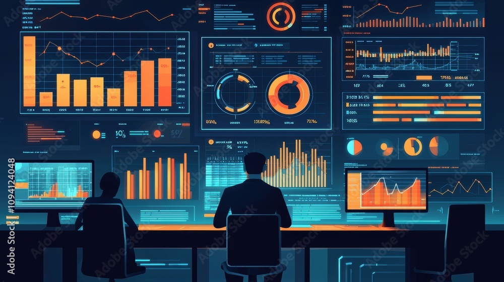 Poster a modern workspace featuring two individuals analyzing data on multiple screens filled with charts, 