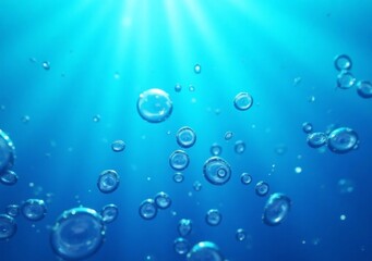 Bubbles rising in clear blue water with sunlight filtering through from above