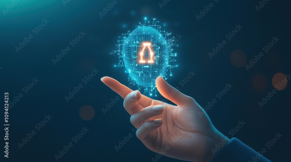 Poster a futuristic hand reaches towards a digital representation of a human head, symbolizing advanced tec