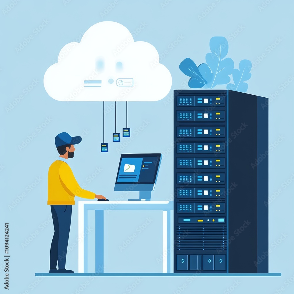 Poster tech savvy man with server rack cloud computing data center illustration