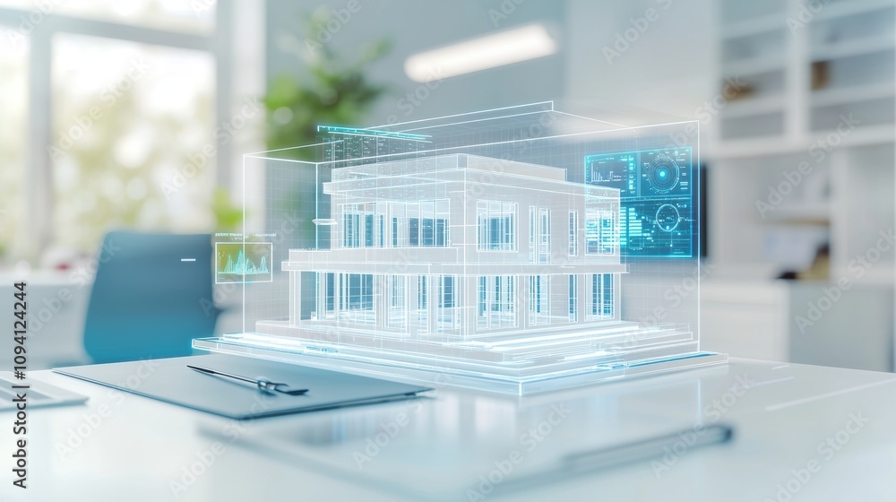 Poster A digital architectural model is displayed on a desk, showcasing a three-dimensional design in a modern workspace.