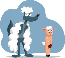 Funny Wolf Standing Next to a Naked Sheep Vector Cartoon. Evil wild animal trying to blend in and trick the rest 
