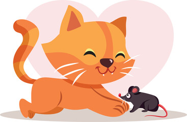 Happy Friendly Cat and Mouse Vector Cartoon Illustration. Two friends and enemies getting along finally 
