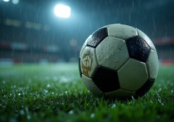 Wet soccer ball resting on green grass under bright stadium lights during a night match