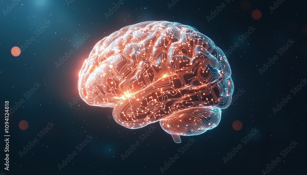 Poster a digital representation of a glowing brain, showcasing neural connections and illuminated nodes aga