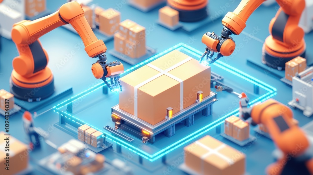 Poster a high-tech warehouse scene with robotic arms efficiently handling boxes on a conveyor system.