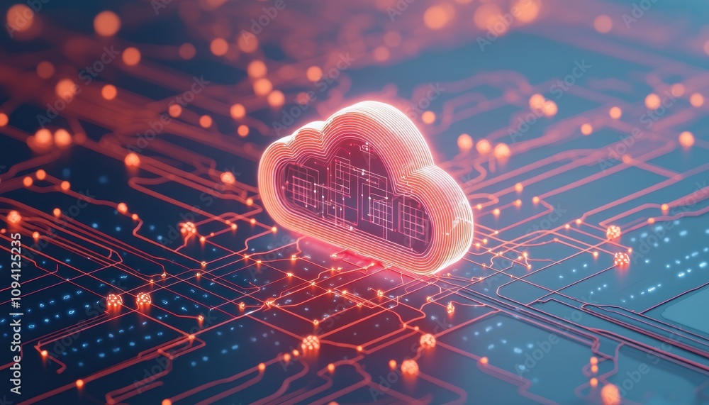 Poster a glowing cloud symbol over a digital circuit, representing cloud computing and data storage technol