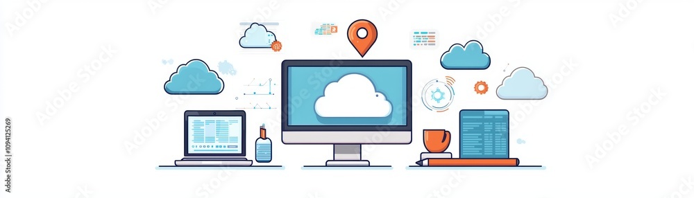 Poster a digital illustration depicting cloud computing concepts, featuring devices like a computer and lap